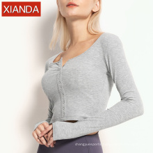 Long Sleeve T Shirt Slim Breathable Quick Drying Yoga Running Fitness Wear Threaded Ribbed Crop Top